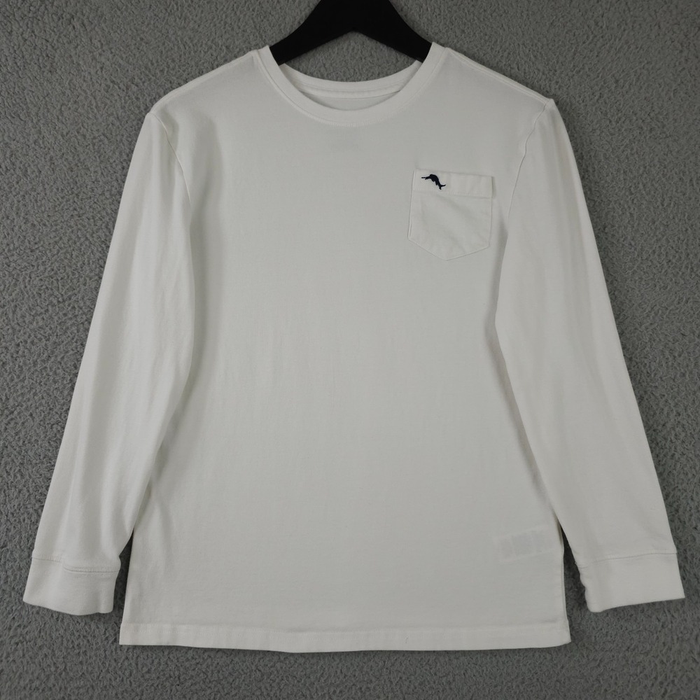 Tommy Bahama Shirt Boys XL 14 White Long Sleeve Pocket Crew Neck Tee Youth Top